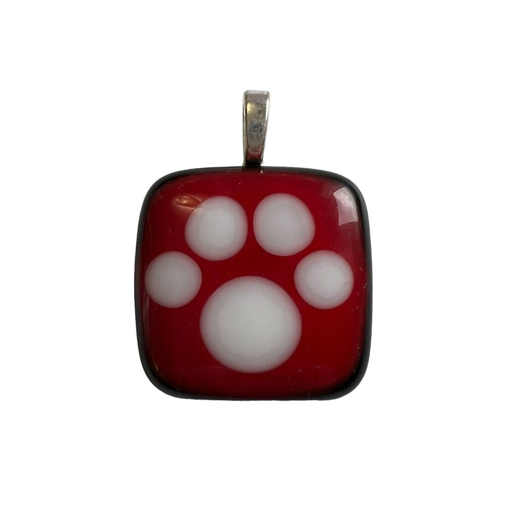 Paw Print Glass Fused Red White Black Mini Necklace Pendant Silver Loop Handmade